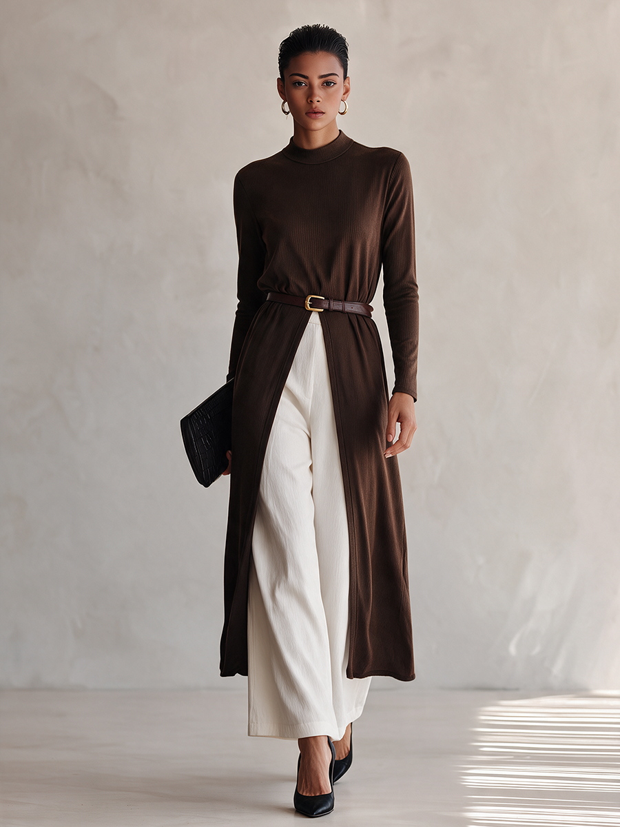 Women's Ribbed Knit Long Top & Cotton-Blend Wide-Leg Pants Set (Belt Not Included) MDZ0730I4ZRK
