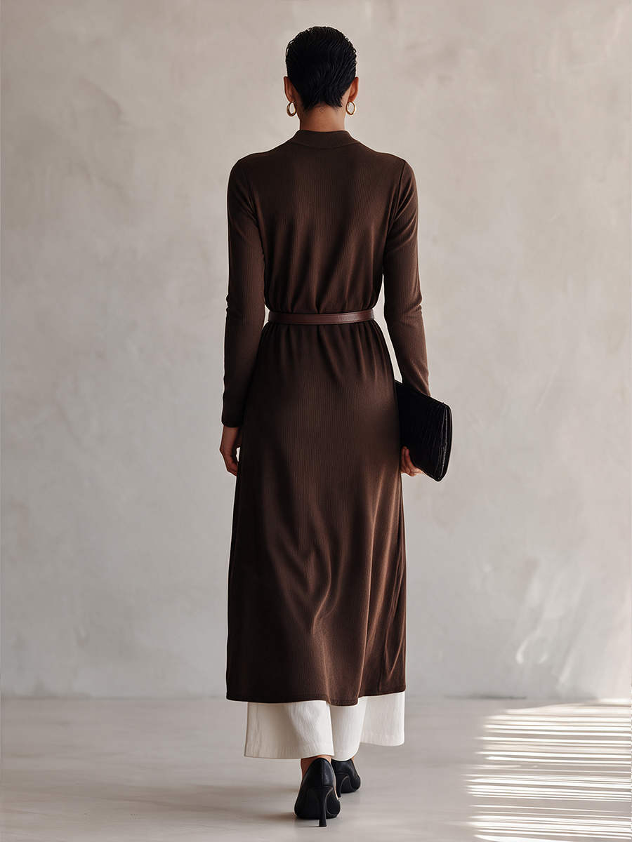 Women's Ribbed Knit Long Top & Cotton-Blend Wide-Leg Pants Set (Belt Not Included) MDZ0730I4ZRK