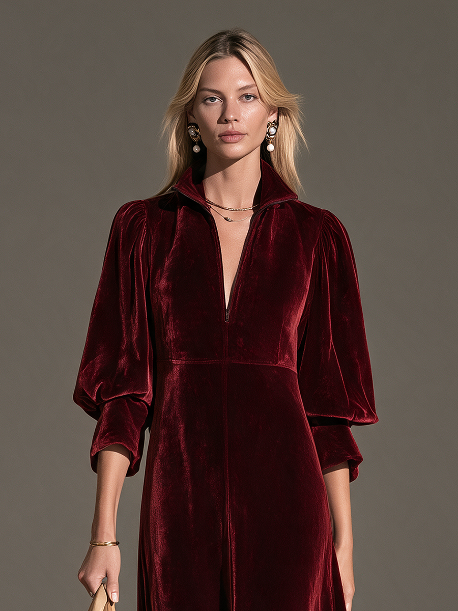 Women's Collared Half-Zip Balloon-Sleeve Belted Velvet Maxi Dress MDZ0168I7CMX