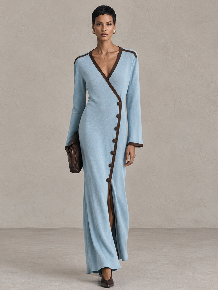 Women's Contrast Trim Elegant Wrap V-Neck Maxi Dress MDZ0770I8GMJ
