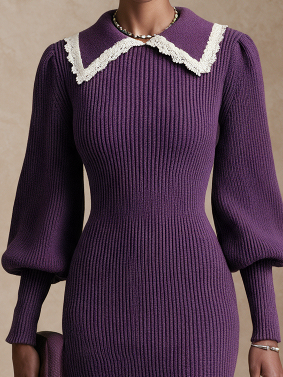 Women's Color-Blocked Collar Elegant Sweater Lantern Sleeve Midi Dress MDZ0785I2GMJ