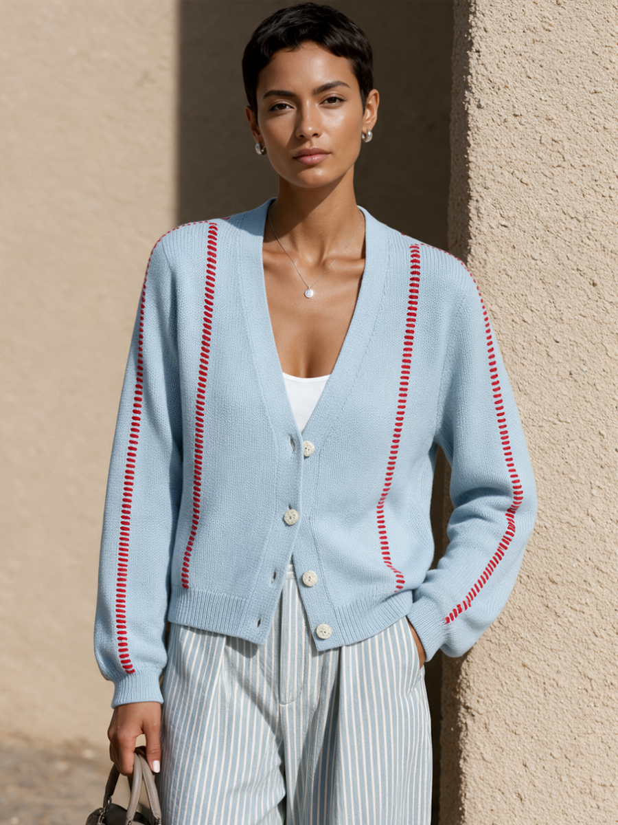 Women's Contrast Stitch Casual V-Neck Cardigan MDZ0727I6GMJ