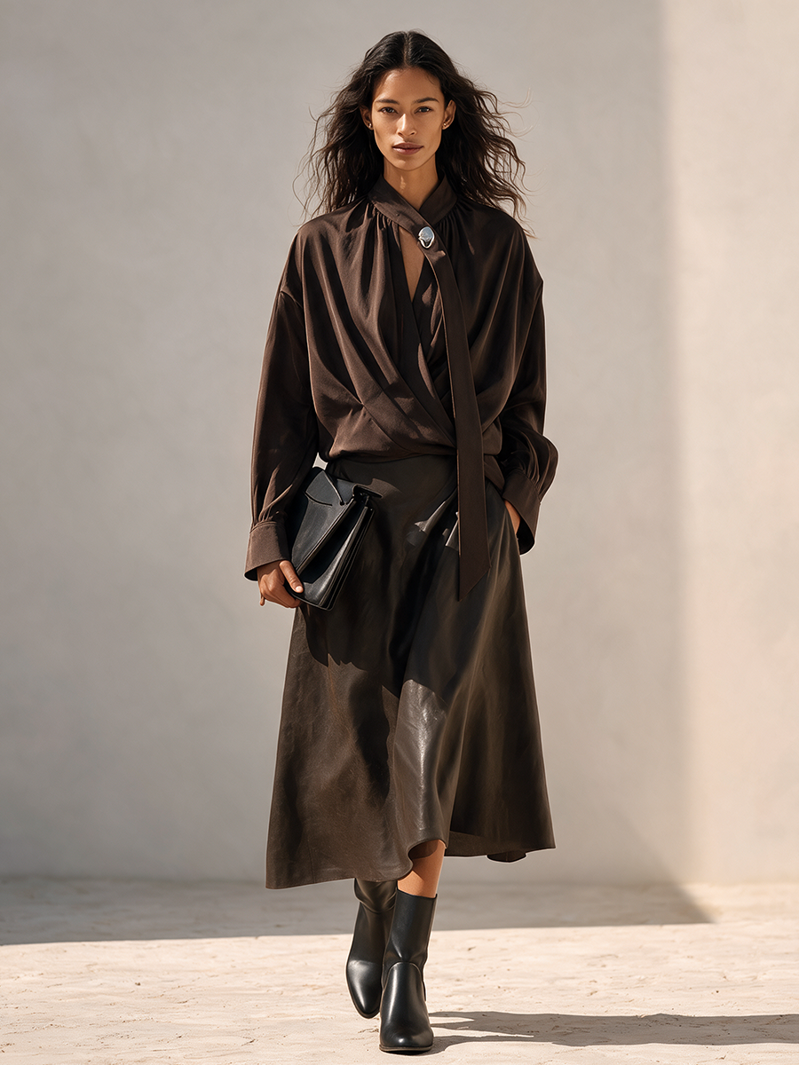 Women's Designer Shirt & Leather Skirt Set
