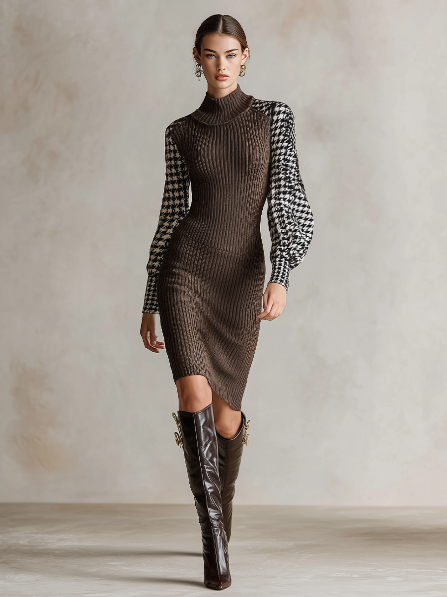 Women's Slim‑Fit Houndstooth Color‑Block Turtleneck Midi Sweater Dress MDZ0875I0LYL