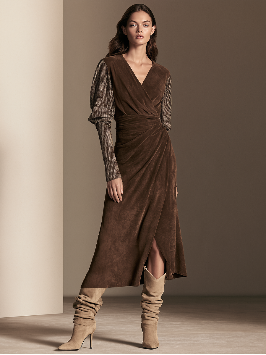 Women’s Mixed‑Fabric Surplice V‑Neck Wrap Dress MDZ0811I3LYL