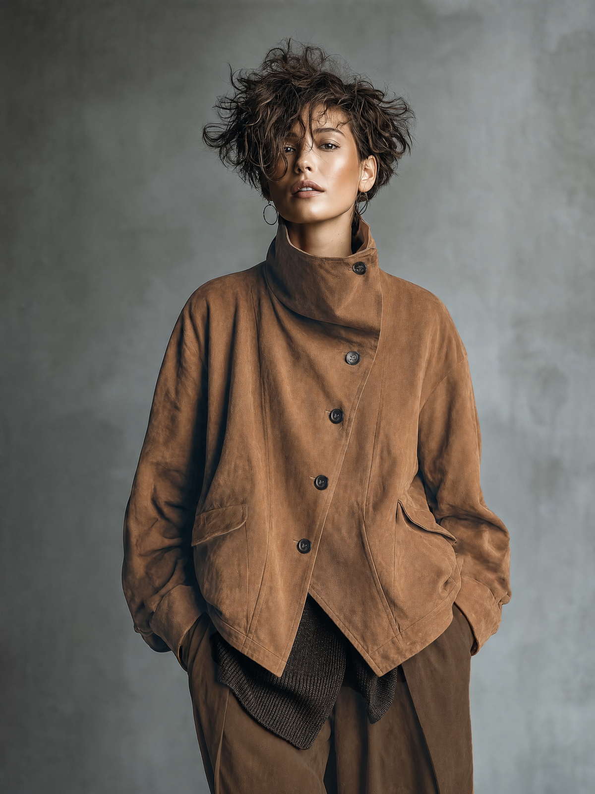 Women's Asymmetric Button Front Brown Jacket MDZ0808I0YZJ