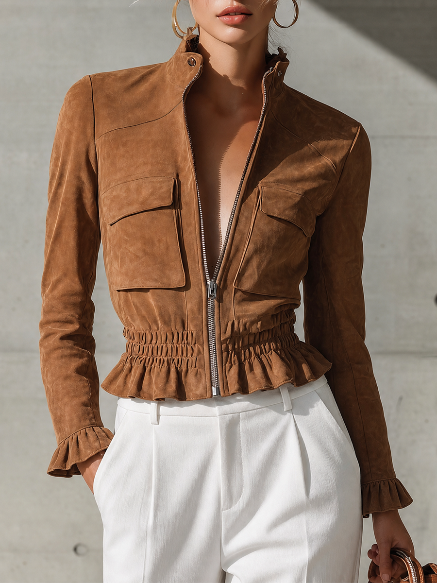 Women's Ruffled Waist Zip Front Brown Jacket MDZ0808I4YZJ