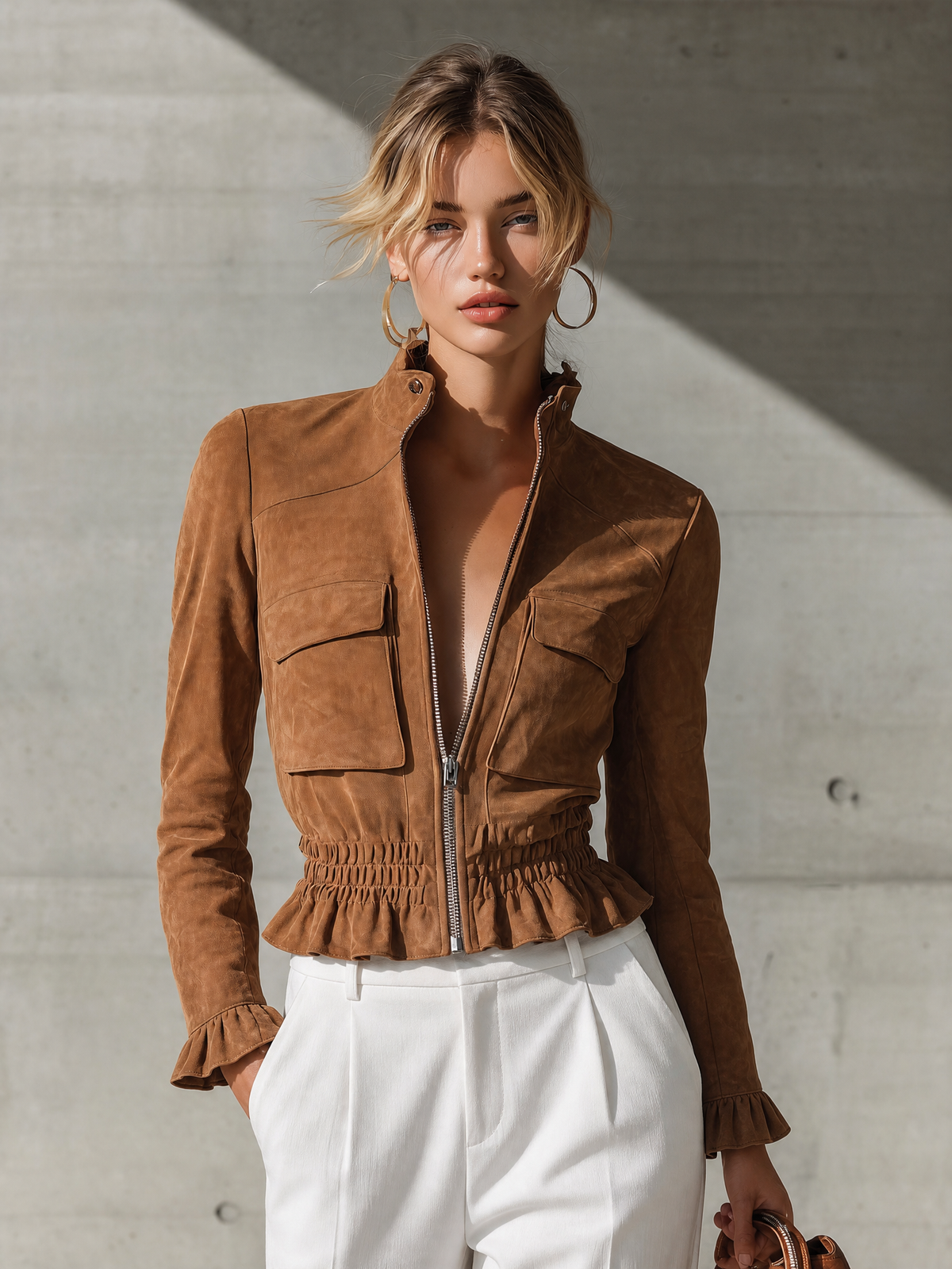 Women's Ruffled Waist Zip Front Brown Jacket MDZ0808I4YZJ