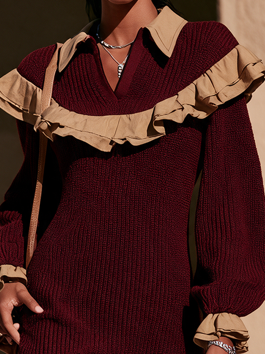 Women's Contrast Ruffle Elegant Knit Mini Dress