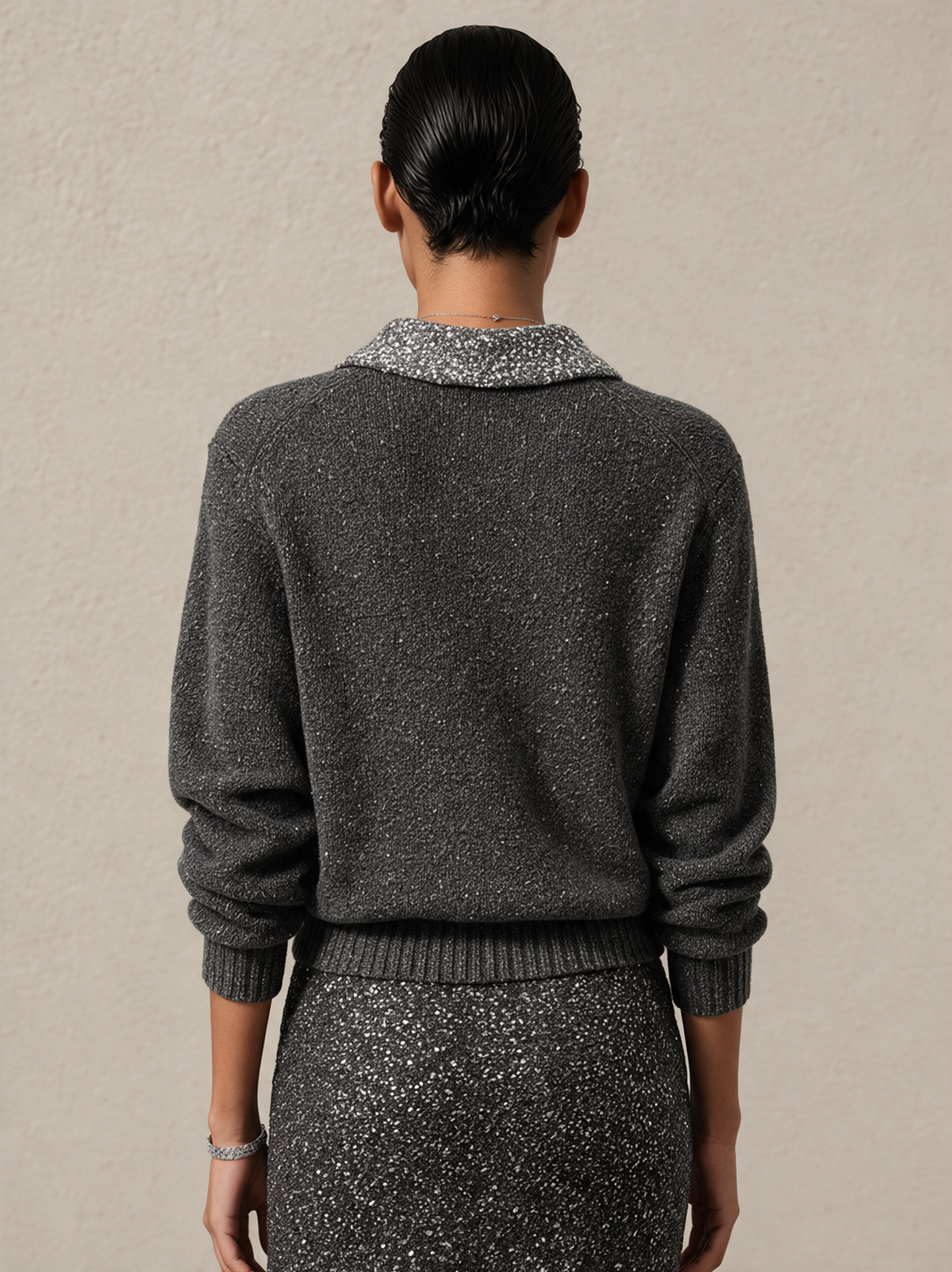 Women's Sequin Panel Collar Elegant Long Sleeve Sweater