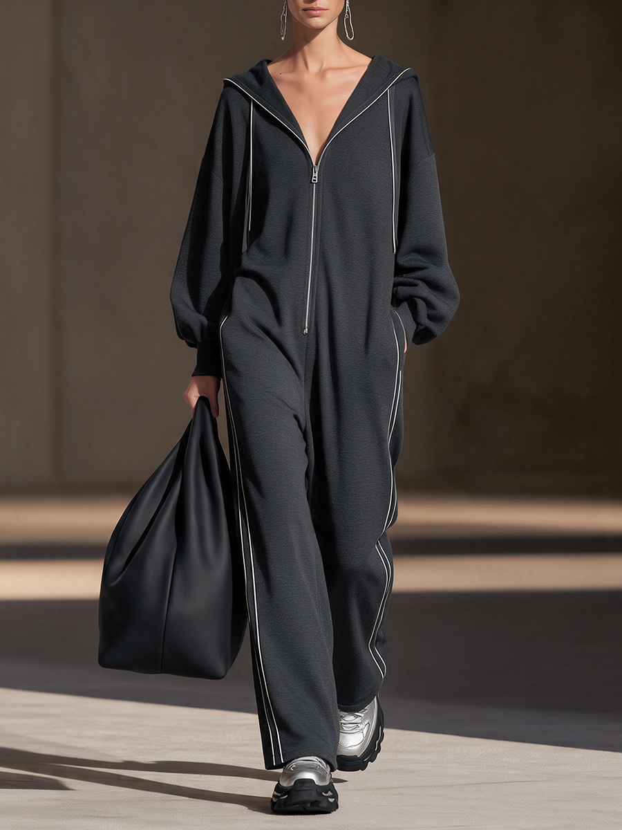 Women's Dark-Grey Hooded Zip-Front Contrast-Piping Drop-Shoulder Wide-Leg Jumpsuit