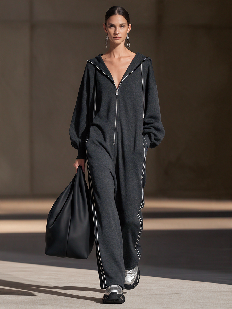 Women's Dark-Grey Hooded Zip-Front Contrast-Piping Drop-Shoulder Wide-Leg Jumpsuit