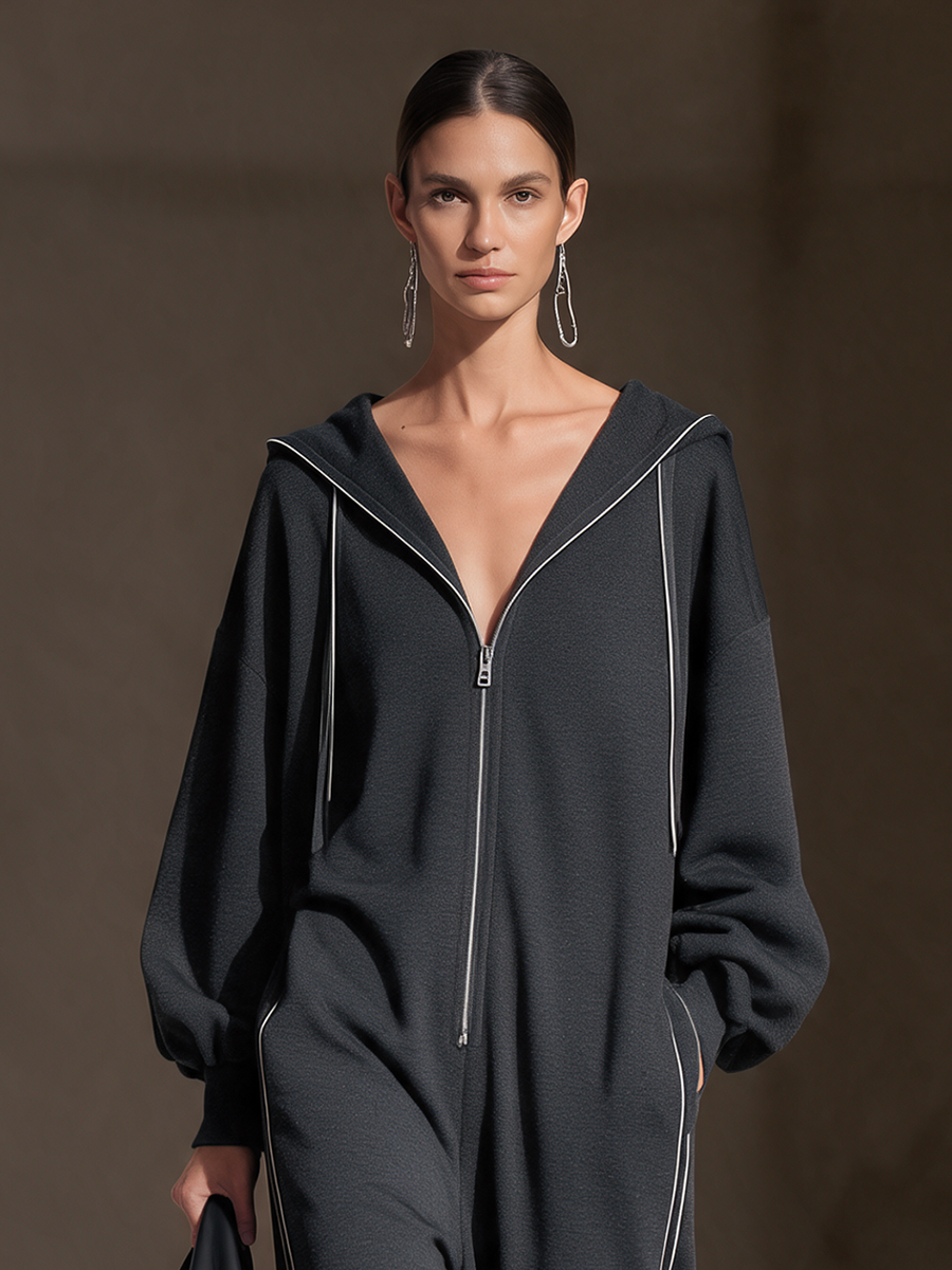 Women's Dark-Grey Hooded Zip-Front Contrast-Piping Drop-Shoulder Wide-Leg Jumpsuit