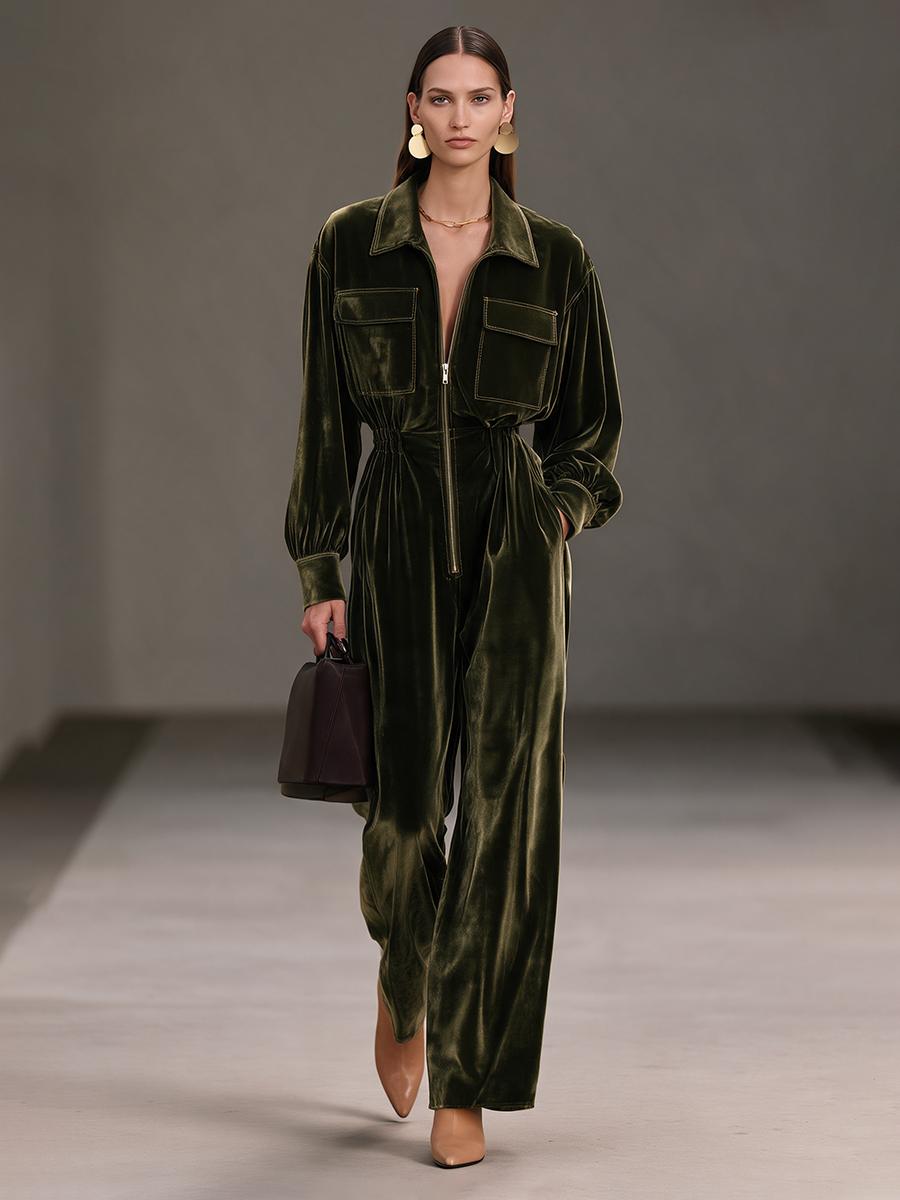 Women's Olive-Green Velvet Collared Zip-Front Long-Sleeve Wide-Leg Jumpsuit