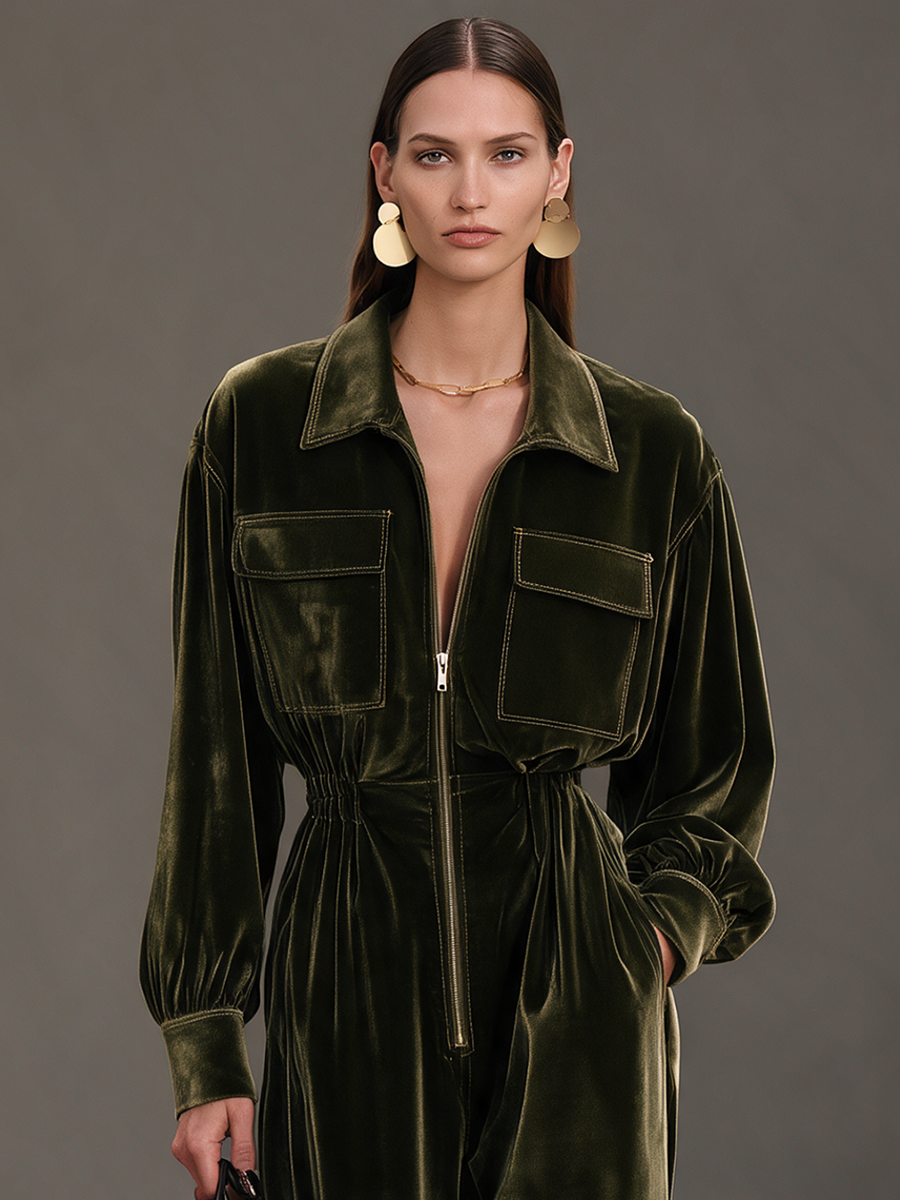 Women's Olive-Green Velvet Collared Zip-Front Long-Sleeve Wide-Leg Jumpsuit