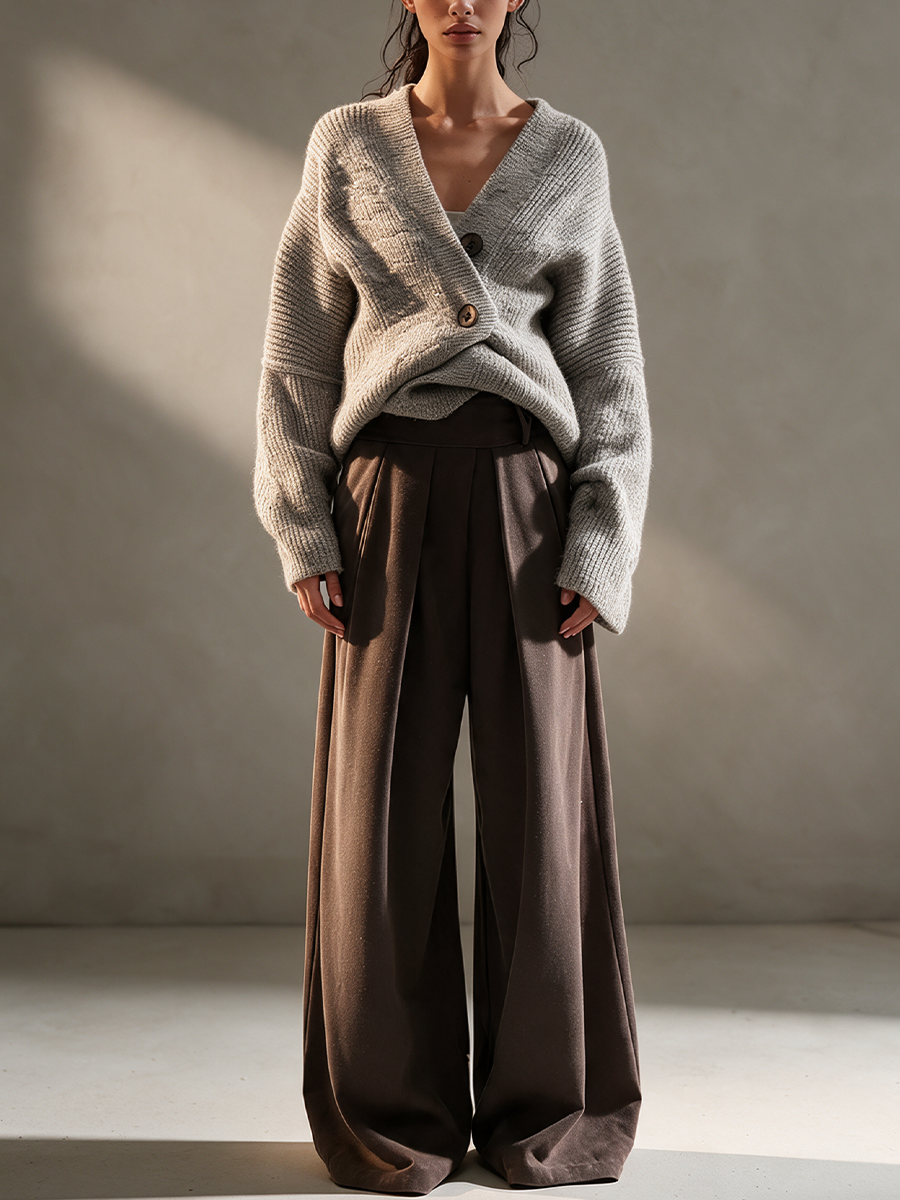 Women's Heather Gray V-Neck Crossed Wrap Side Button Oversized Knit Sweater