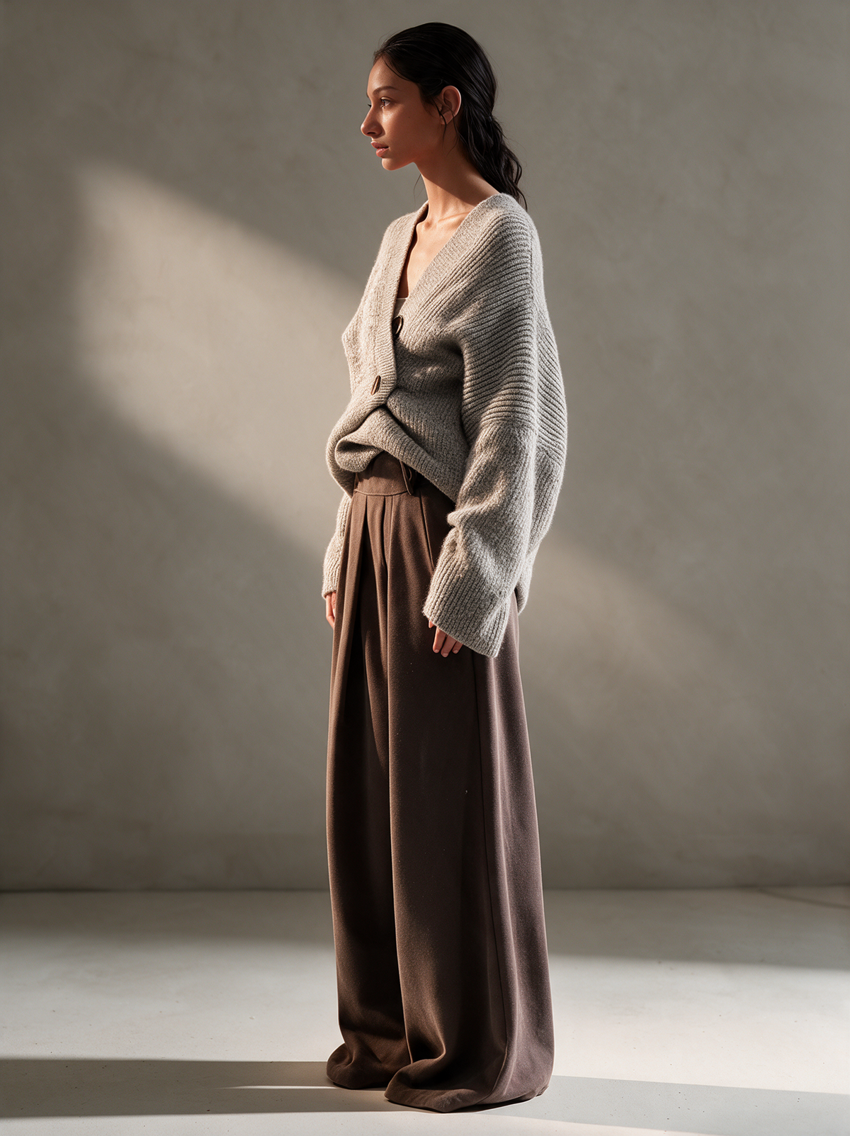 Women's Dark Brown High Waist Pleated Draped Wide Leg Trousers