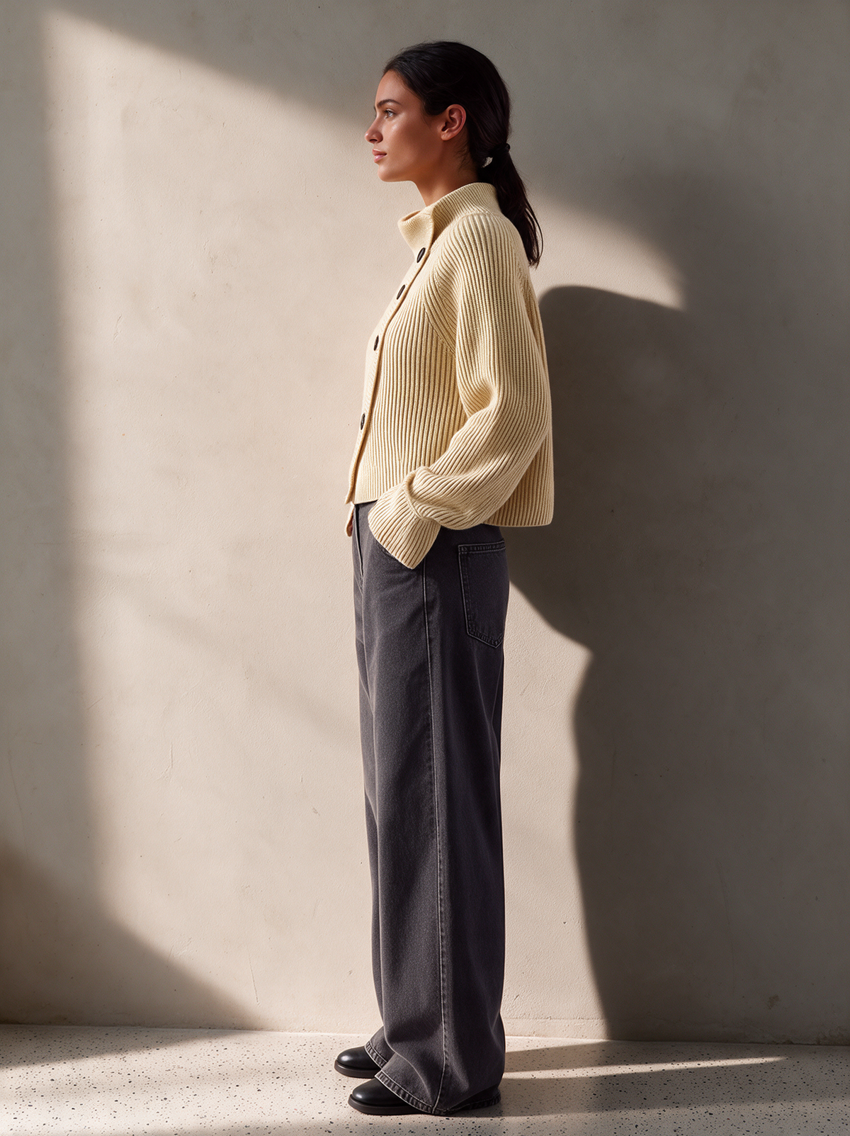 Women's Off-White Diagonal Button Turtleneck Cropped Knit Cardigan