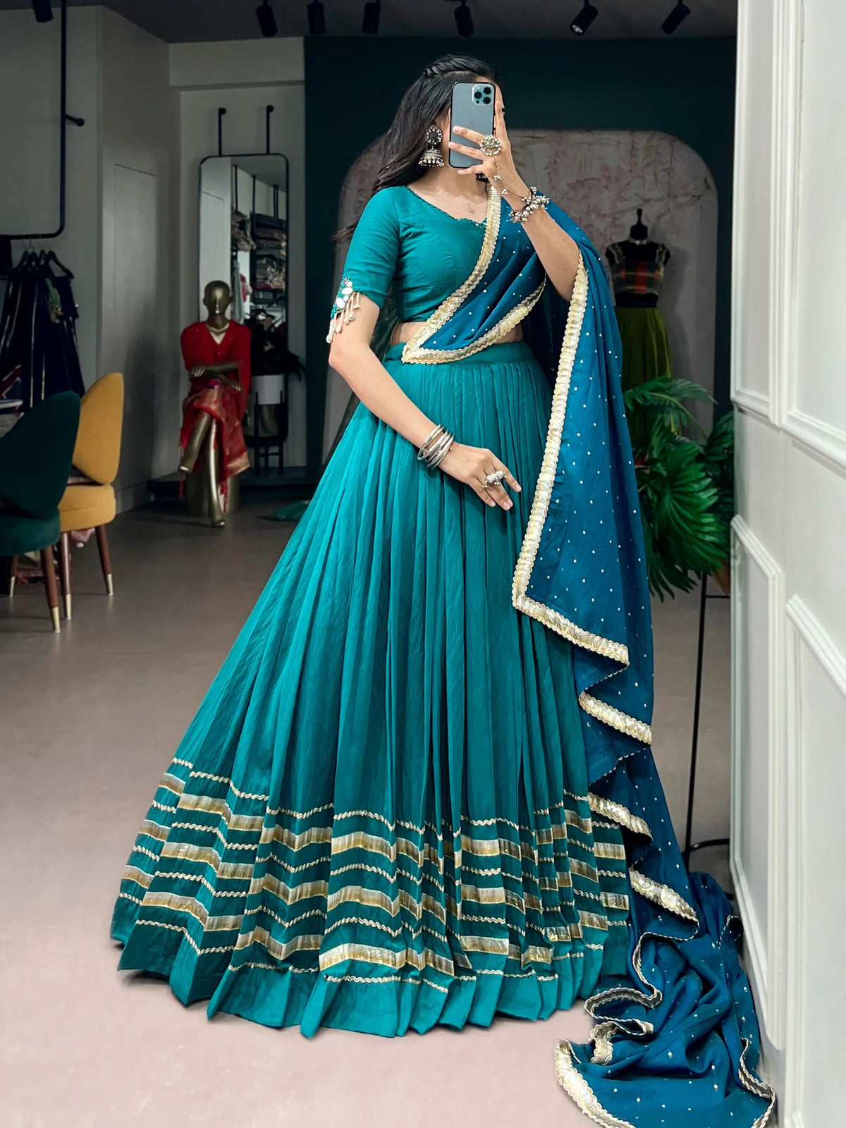 7 Meter Flair | Teal Blue Chanderi Navratri Lehenga Choli With Dupatta
