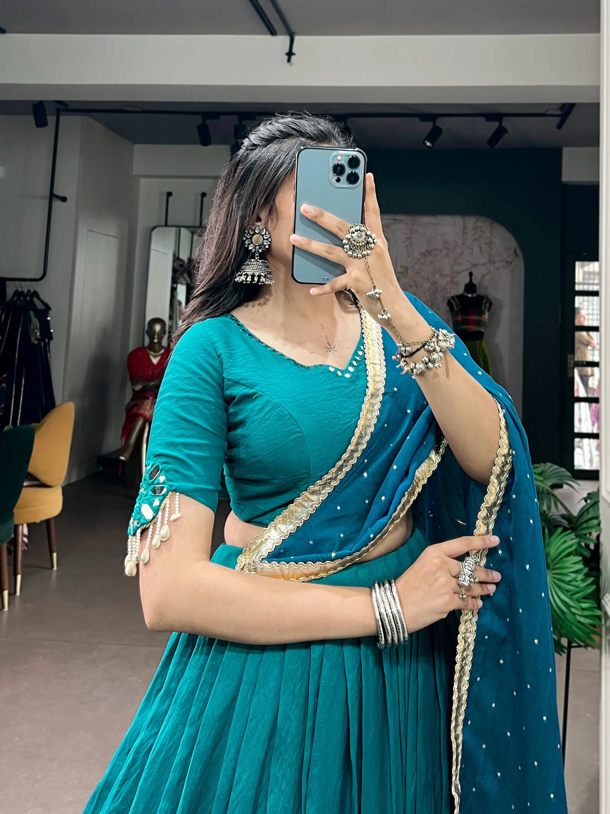 7 Meter Flair | Teal Blue Chanderi Navratri Lehenga Choli With Dupatta