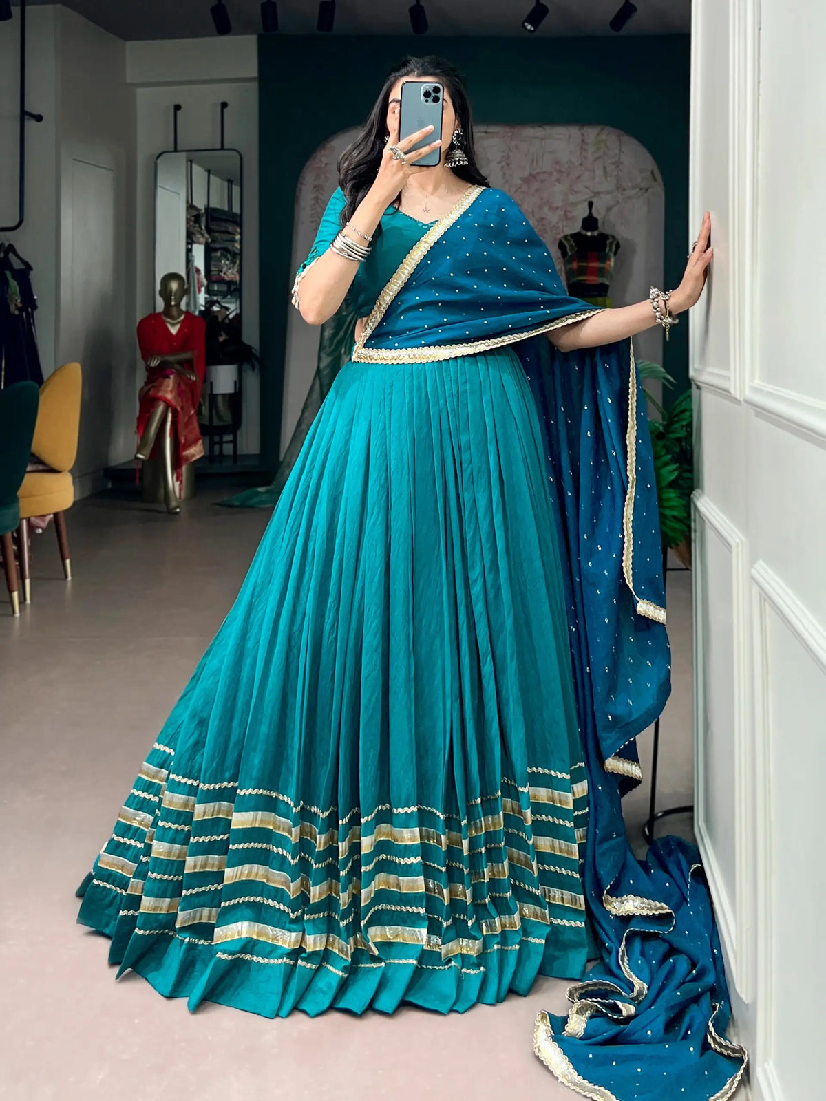 7 Meter Flair | Teal Blue Chanderi Navratri Lehenga Choli With Dupatta