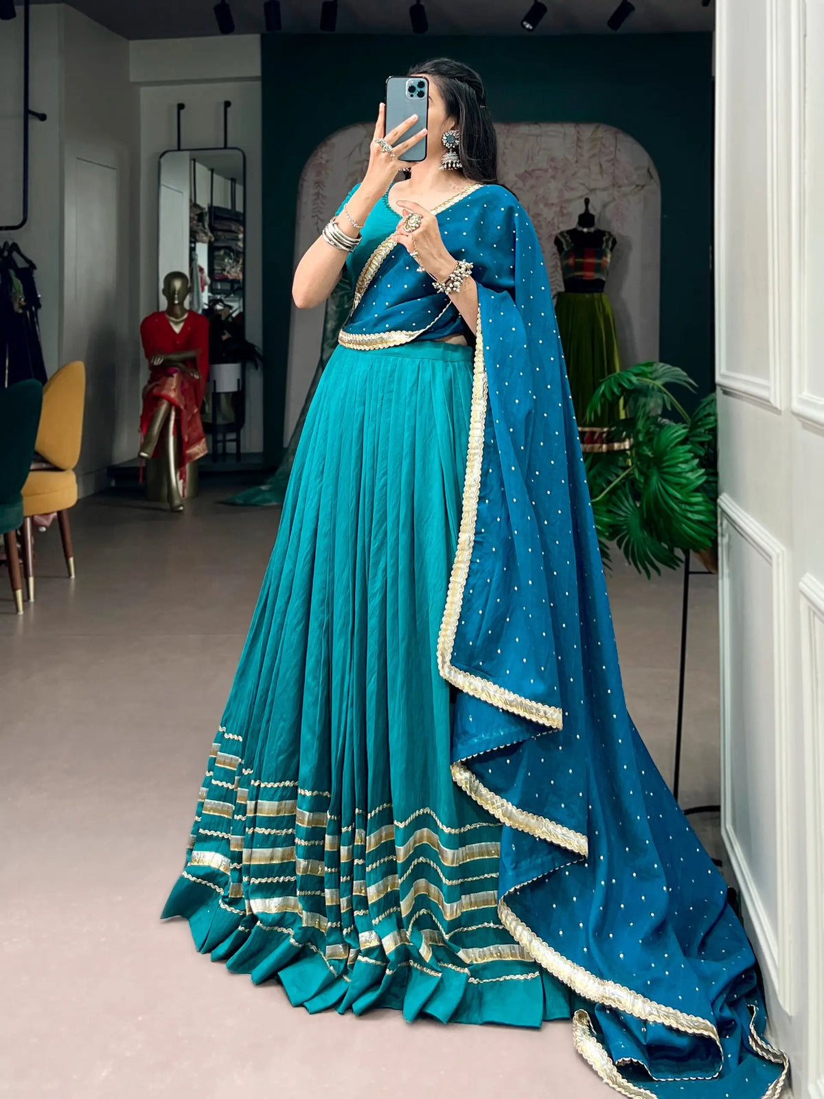 7 Meter Flair | Teal Blue Chanderi Navratri Lehenga Choli With Dupatta