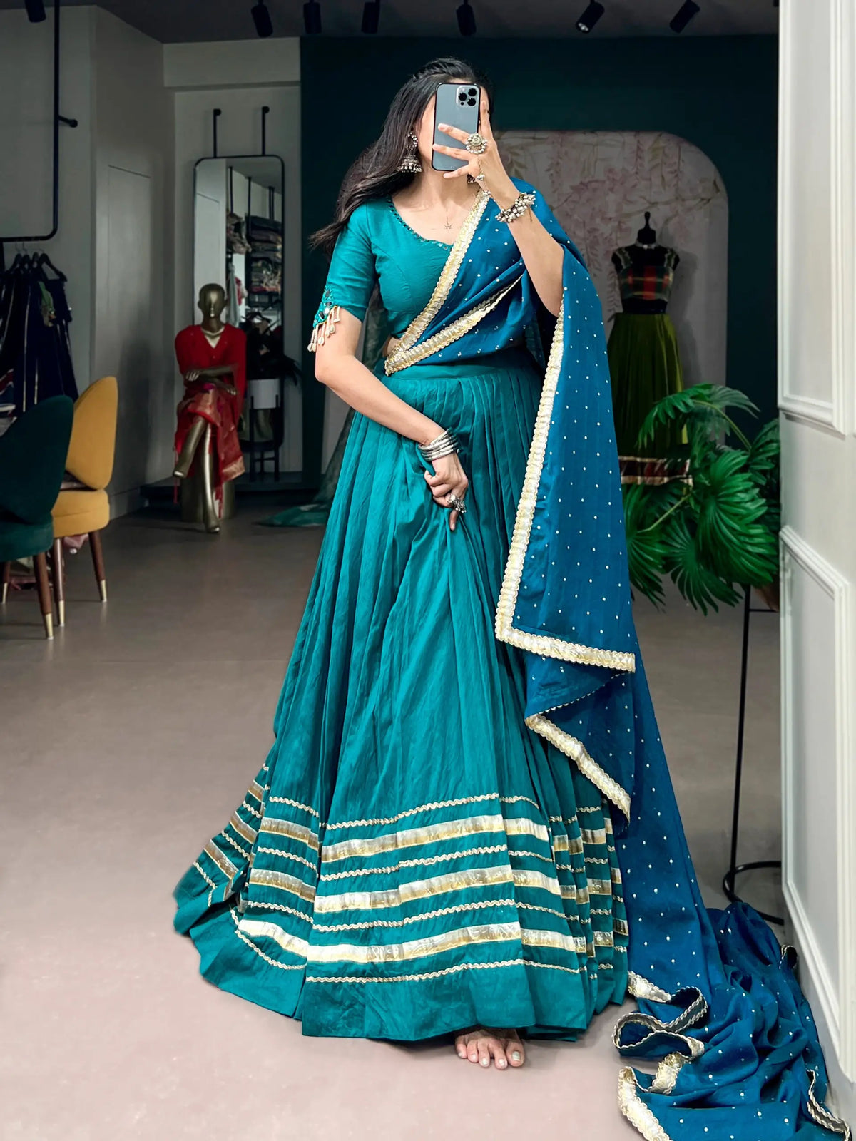 7 Meter Flair | Teal Blue Chanderi Navratri Lehenga Choli With Dupatta