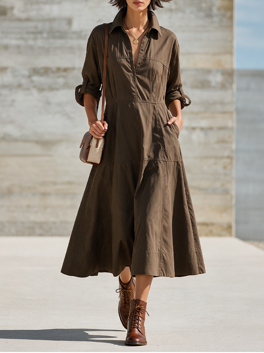 Women's Collared V-Neck Long Sleeve Tiered Cotton Midi Shirt Dress