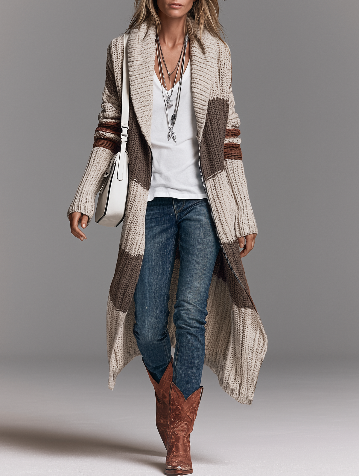 Women's Vintage Shawl Collar Long Zip-Up Cardigan