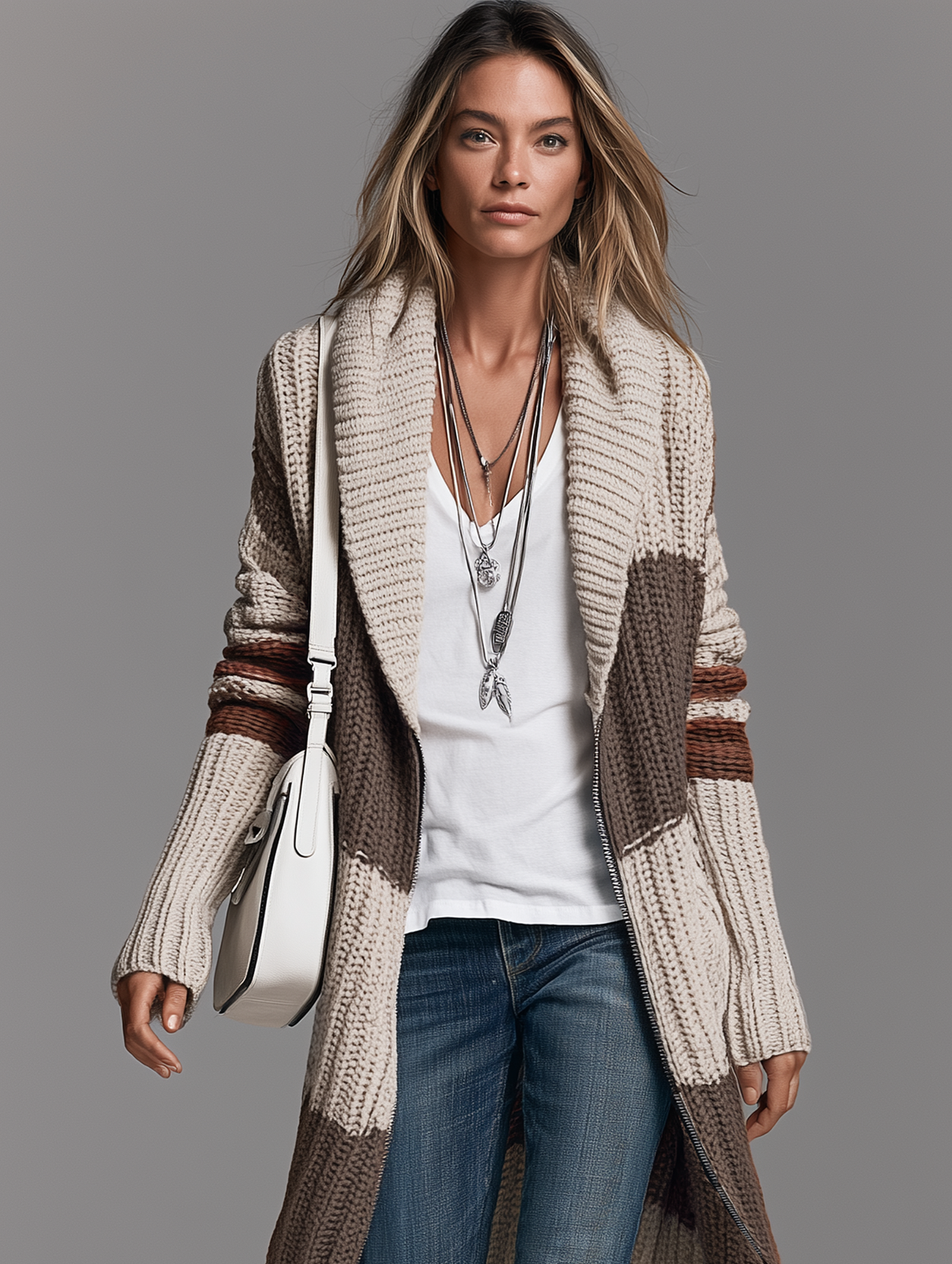 Women's Vintage Shawl Collar Long Zip-Up Cardigan