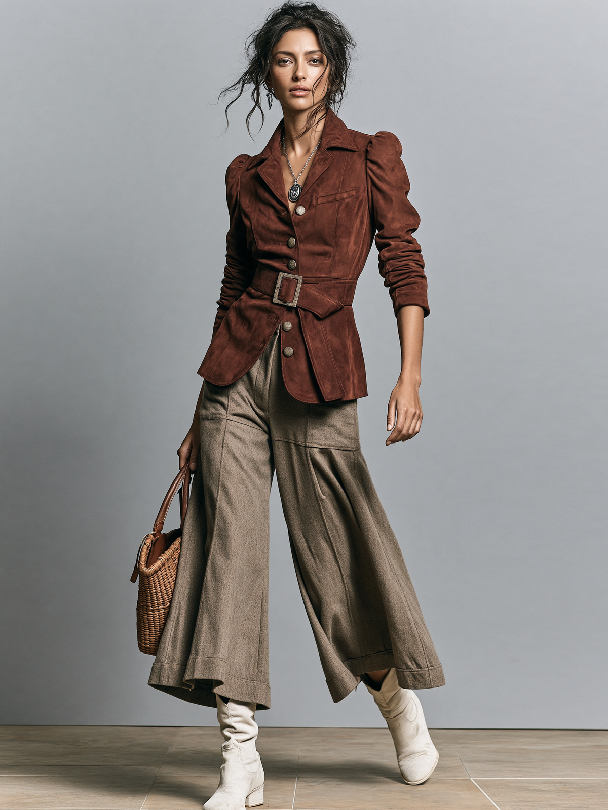 Women's Vintage Wool-Blend Cropped Wide-Leg Trousers