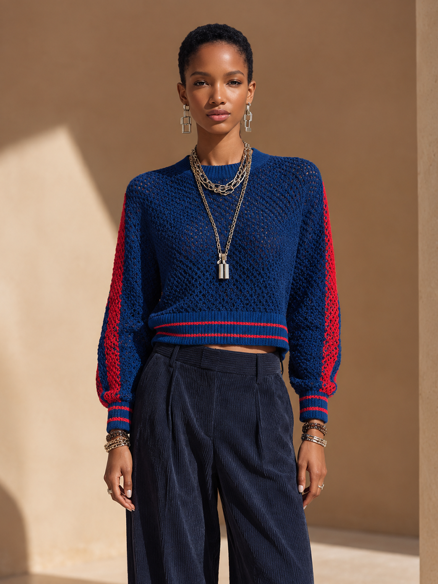 Women's Contrast Stripe Crochet Round Neck Sweater