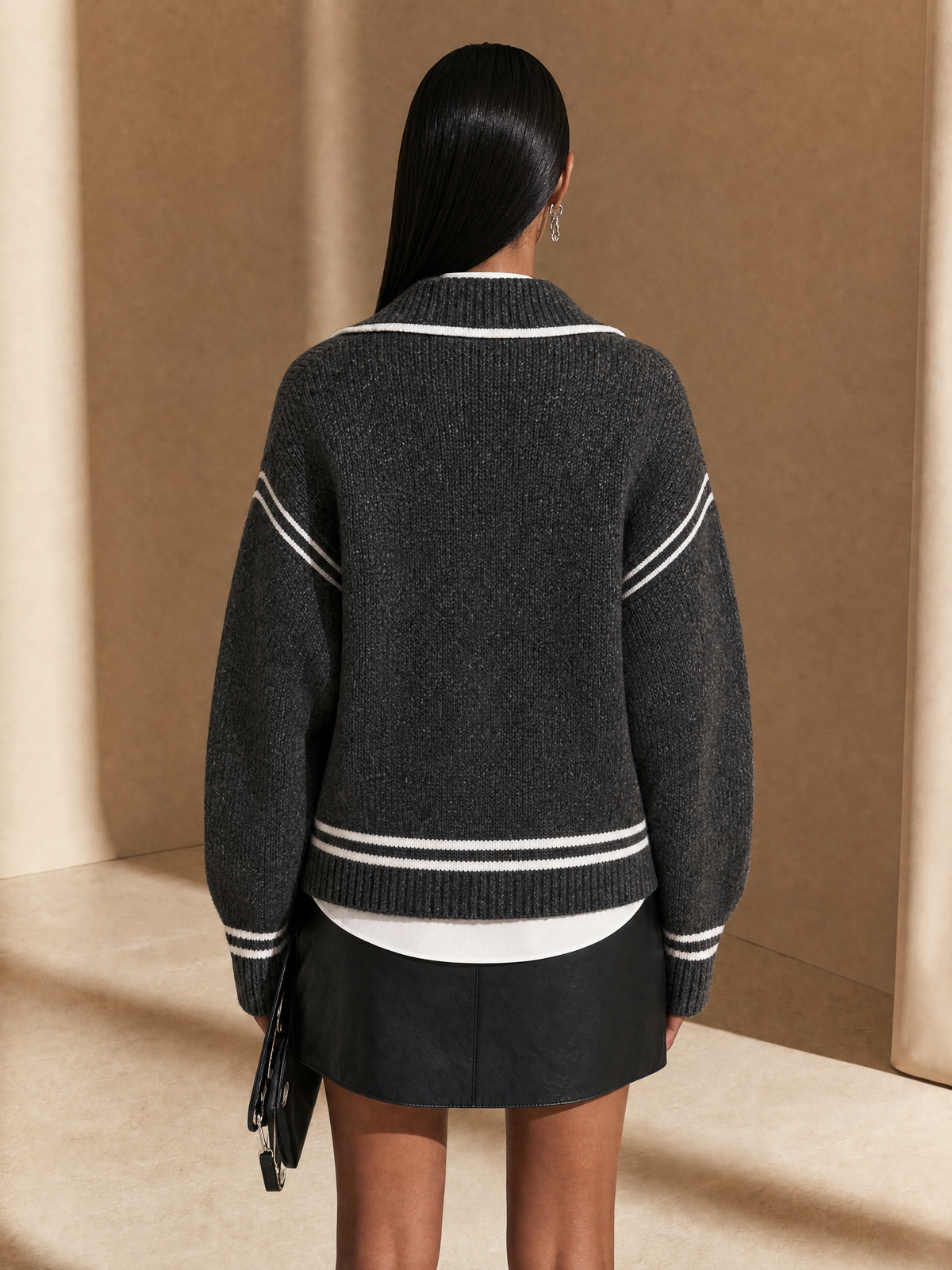 Women's Contrast Trim Relaxed Knit Lapel Cardigan