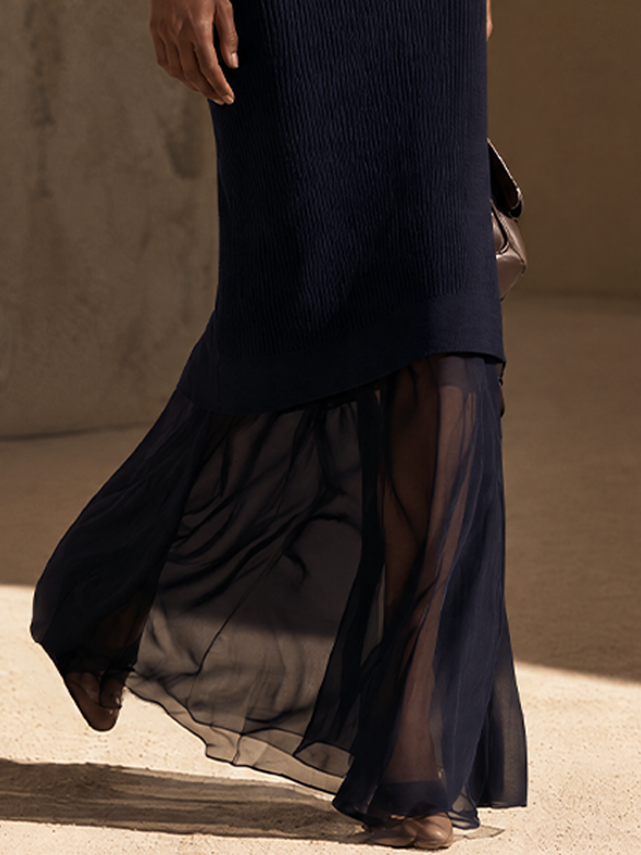 Women's Contrast Stripe Chiffon Hem Elegant Knit Maxi Dress