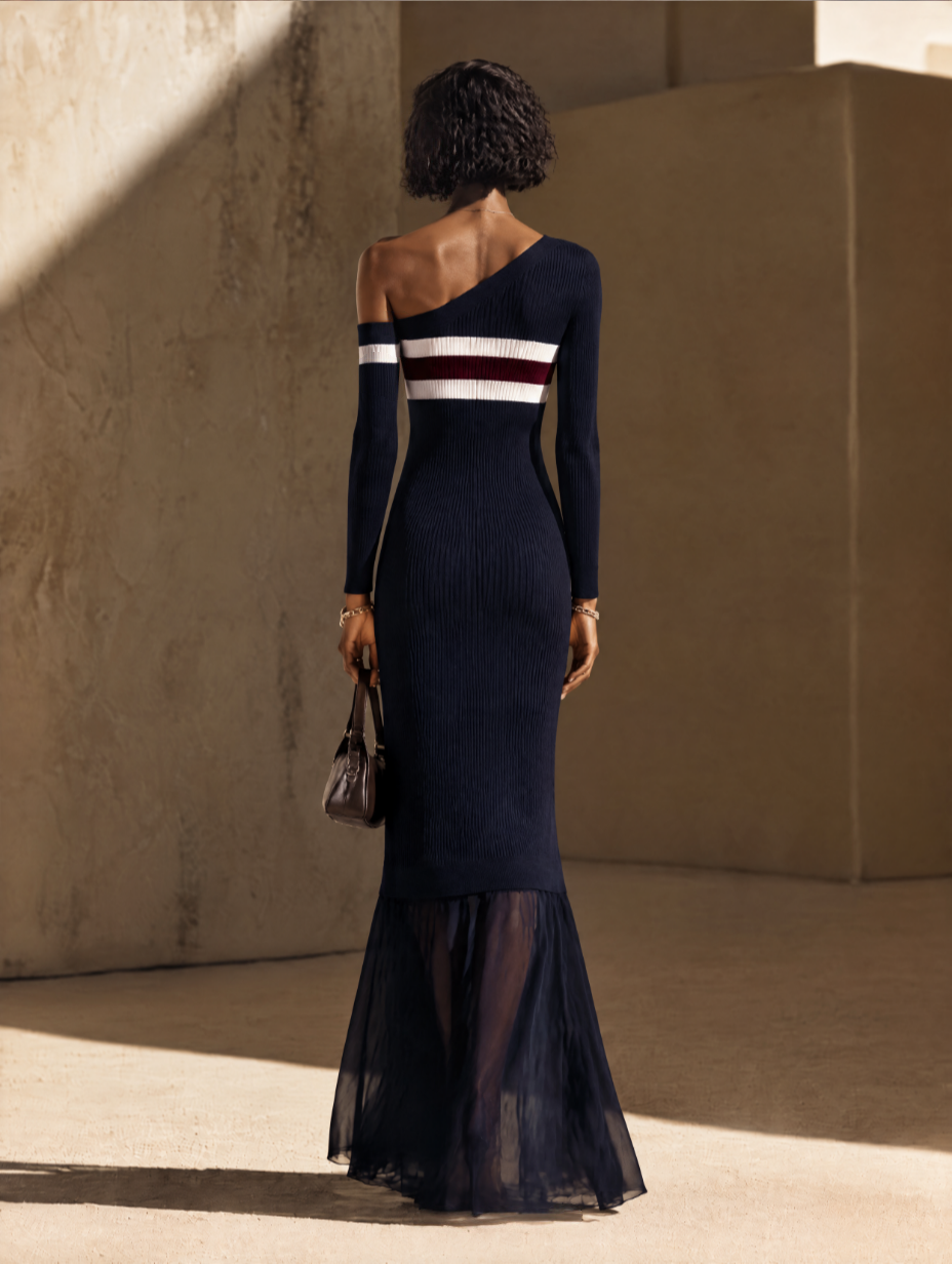 Women's Contrast Stripe Chiffon Hem Elegant Knit Maxi Dress