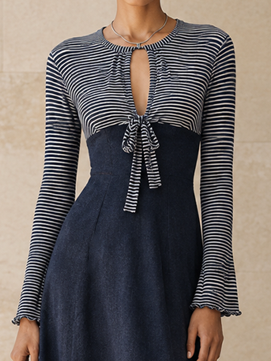 Women's Striped Tie Front Elegant Panel Maxi Dress