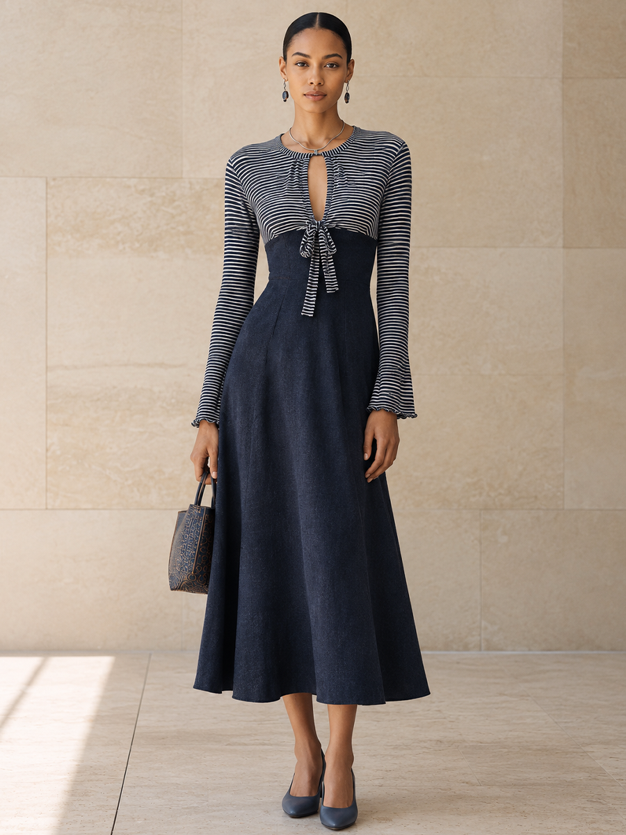 Women's Striped Tie Front Elegant Panel Maxi Dress