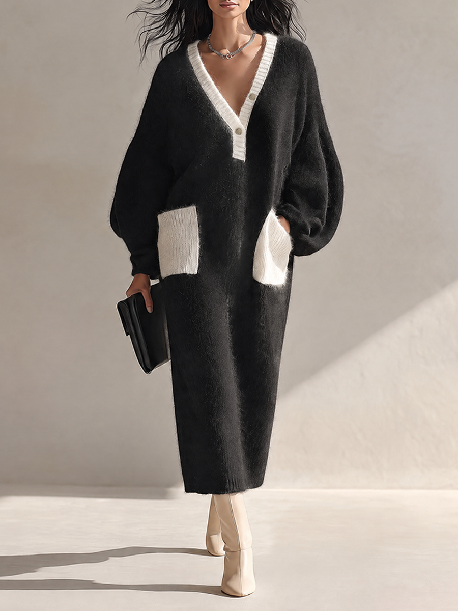 Women's Color-Block Knit Midi Dress With Pockets