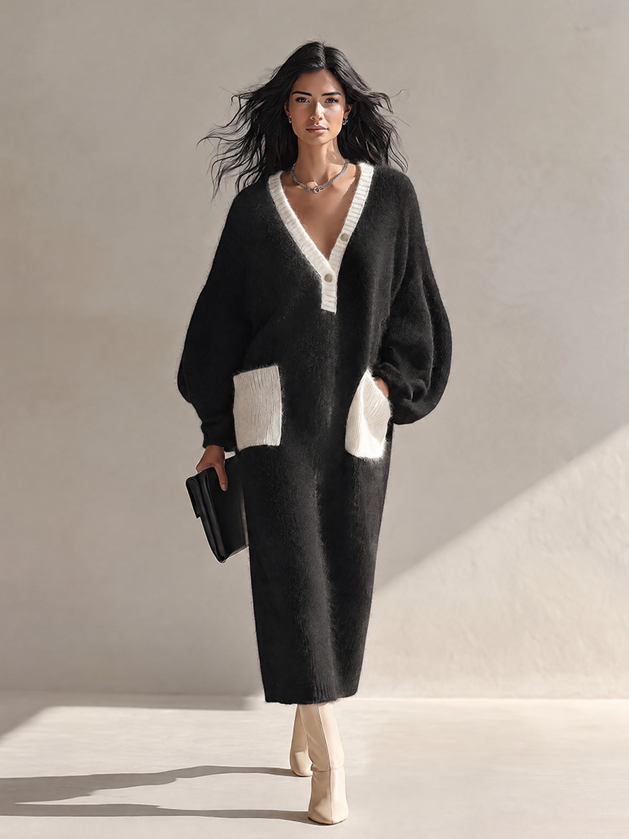 Women's Color-Block Knit Midi Dress With Pockets