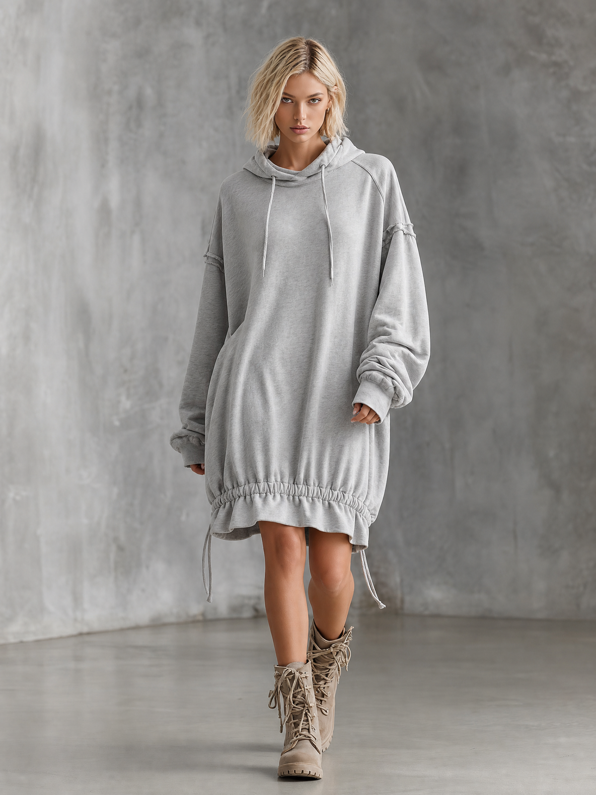 Women's Oversized Drawstring Hem Grey Hoodie Dress MDZ1053I6YZJ