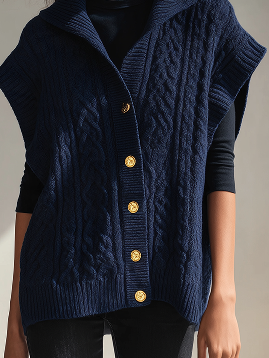 Women's Sleeveless Cable-Knit Cardigan With Collar