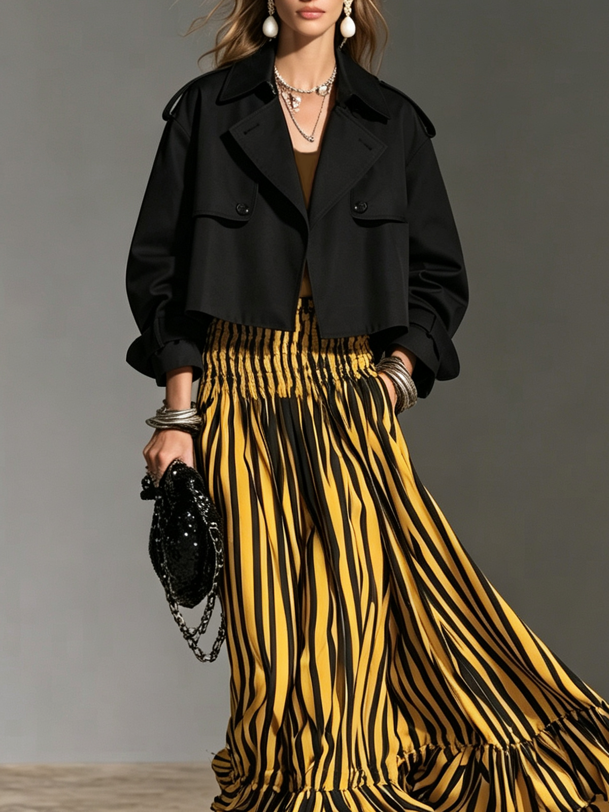 Women's Casual Black Cropped Woven Trench Coat