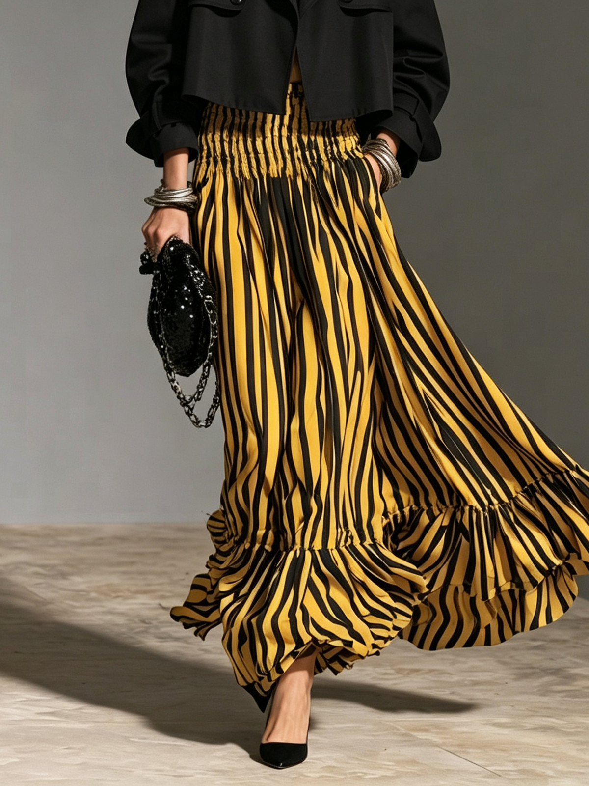 Women's Casual Woven Maxi Skirt With Yellow And Black Striped Print