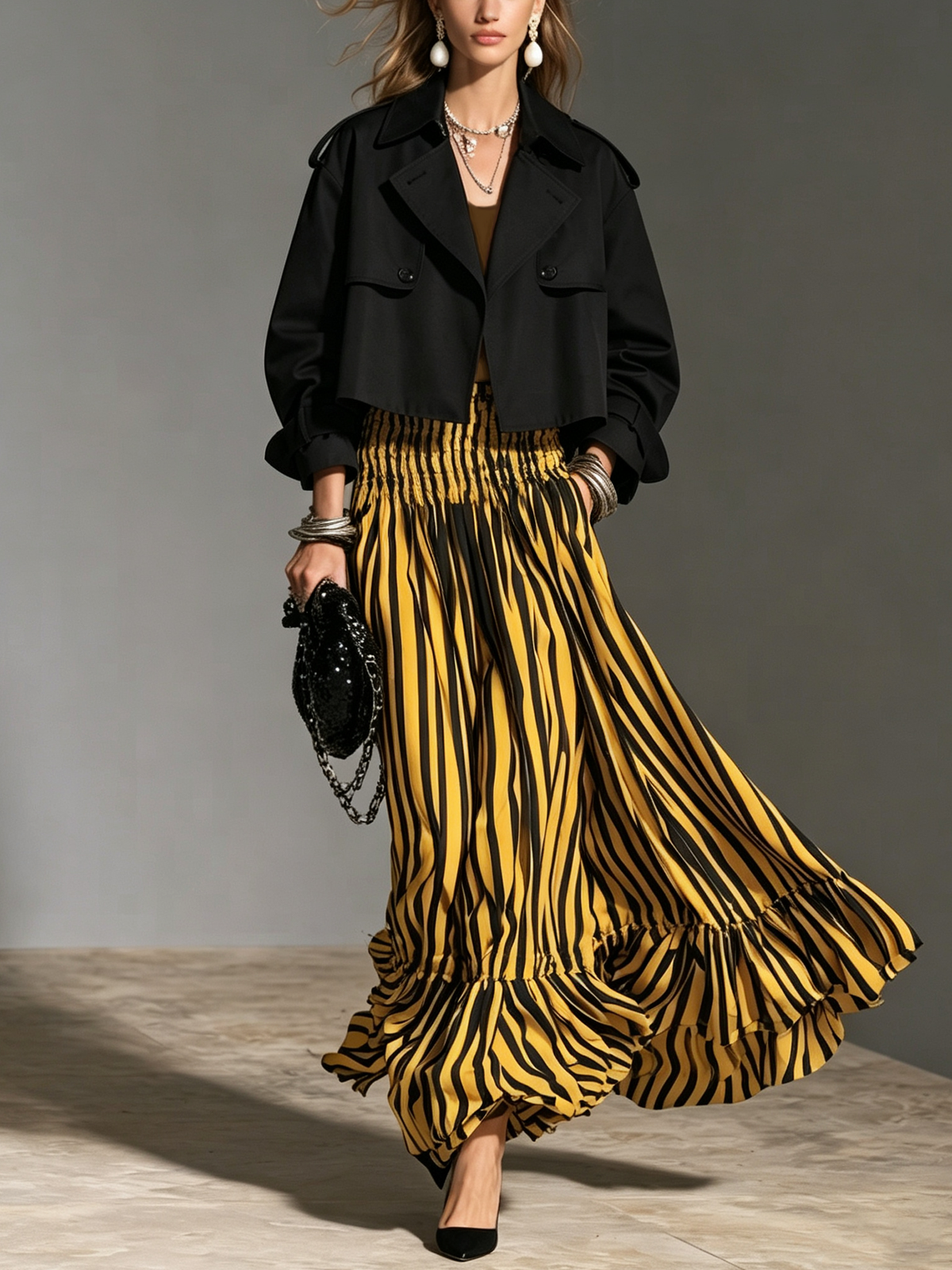 Women's Casual Woven Maxi Skirt With Yellow And Black Striped Print