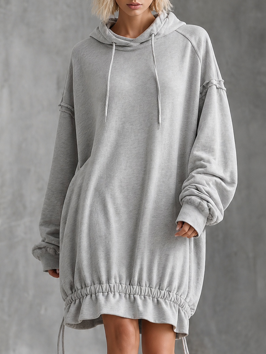 Women's Oversized Drawstring Hem Grey Hoodie Dress MDZ1053I6YZJ