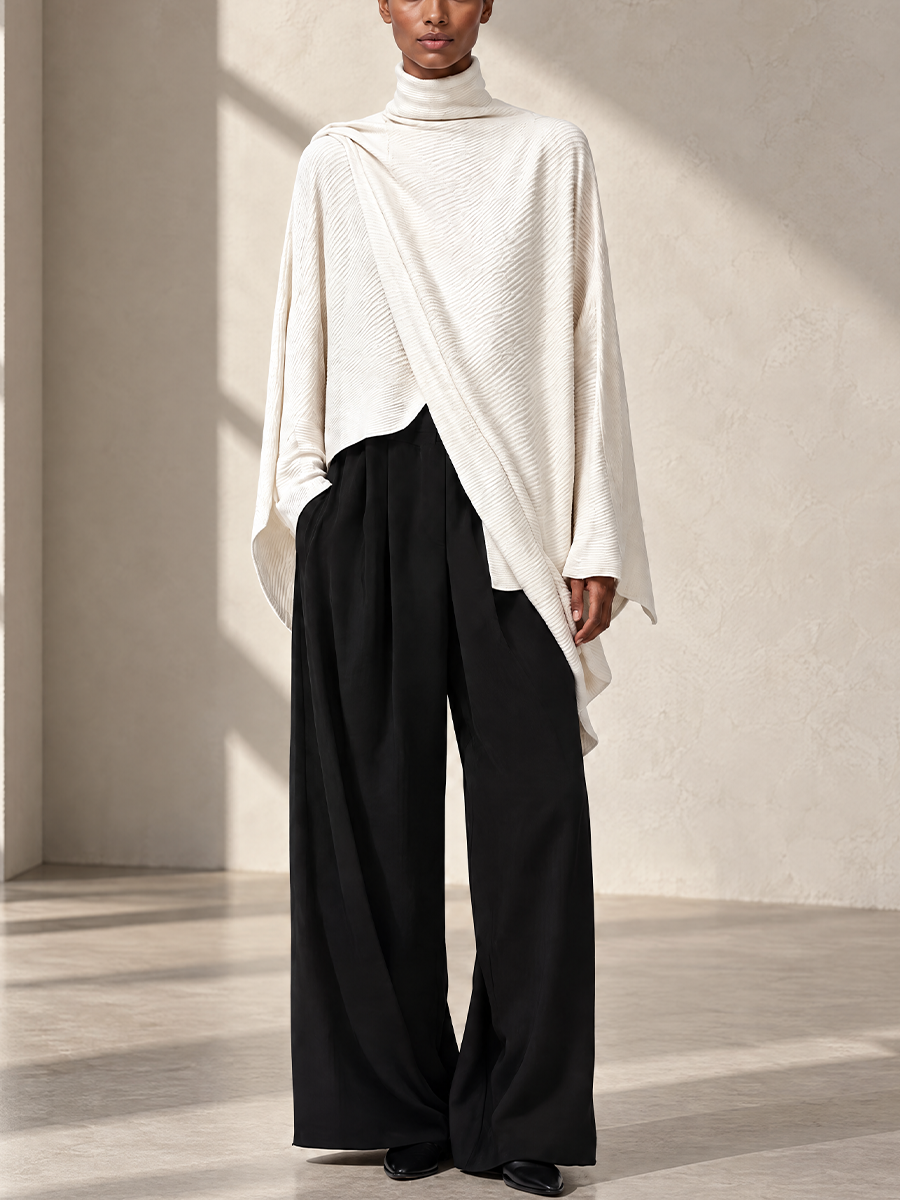 Women's Cream Asymmetric Shawl Turtleneck Top & Black Wide Leg Pant Set