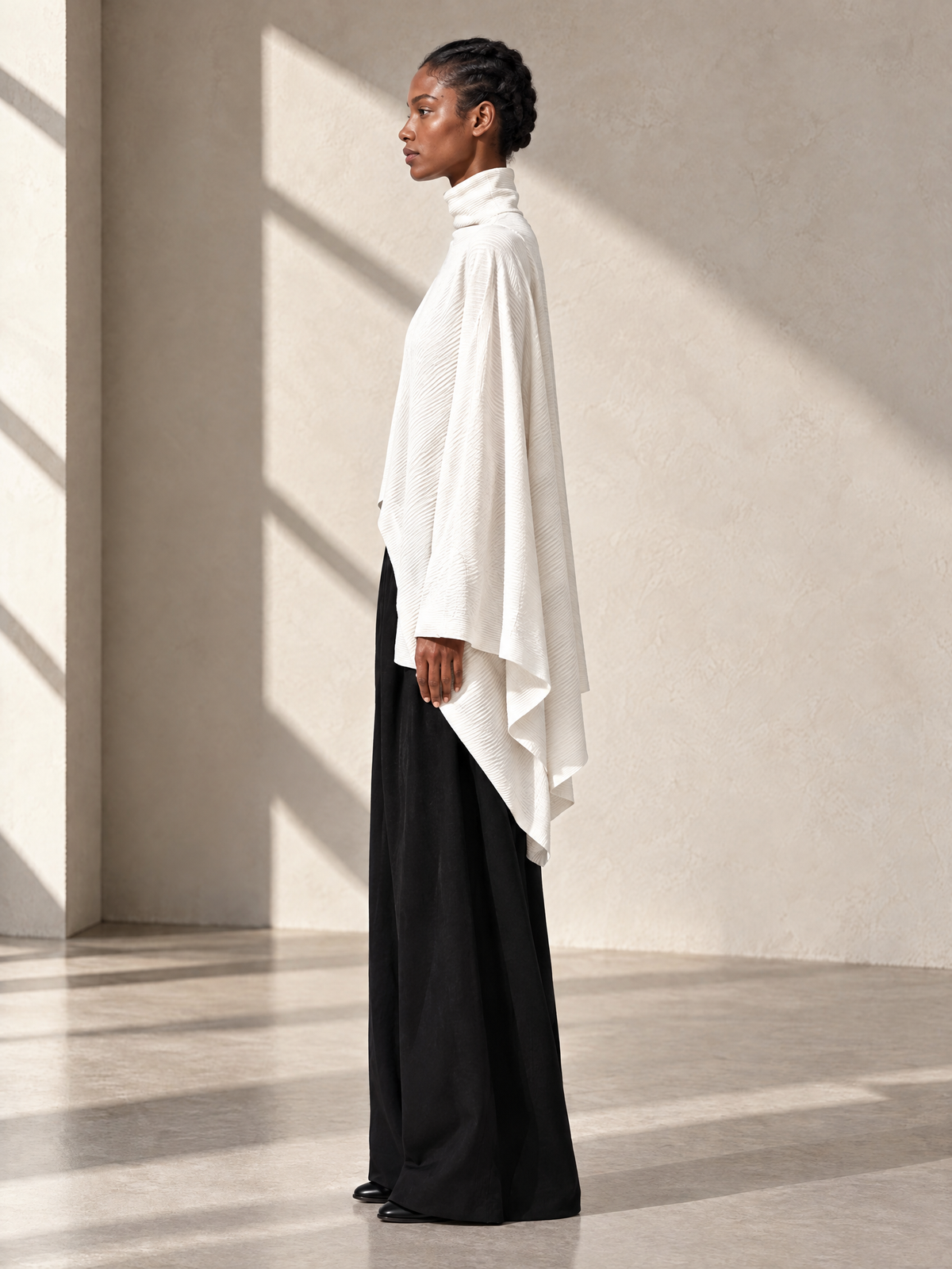 Women's Cream Asymmetric Shawl Turtleneck Top & Black Wide Leg Pant Set
