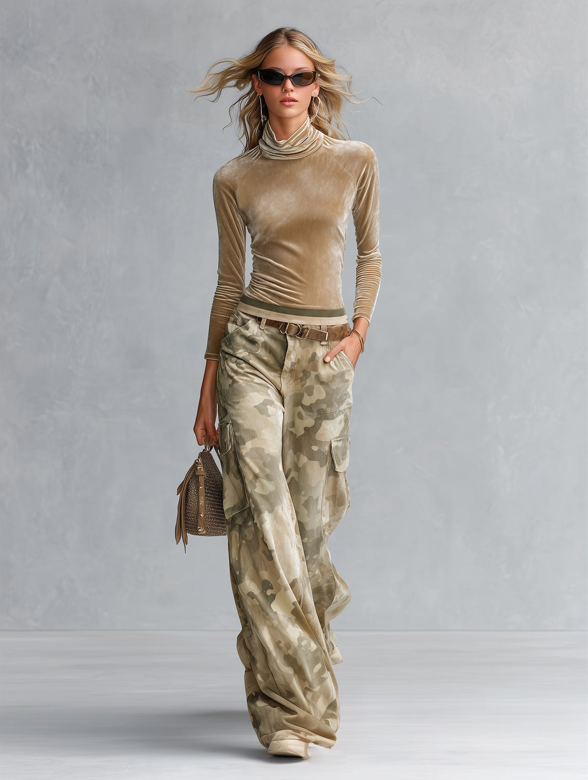 Retro Casual Khaki Top And Camouflage Cargo Pants Velour Set  - By Qivii
