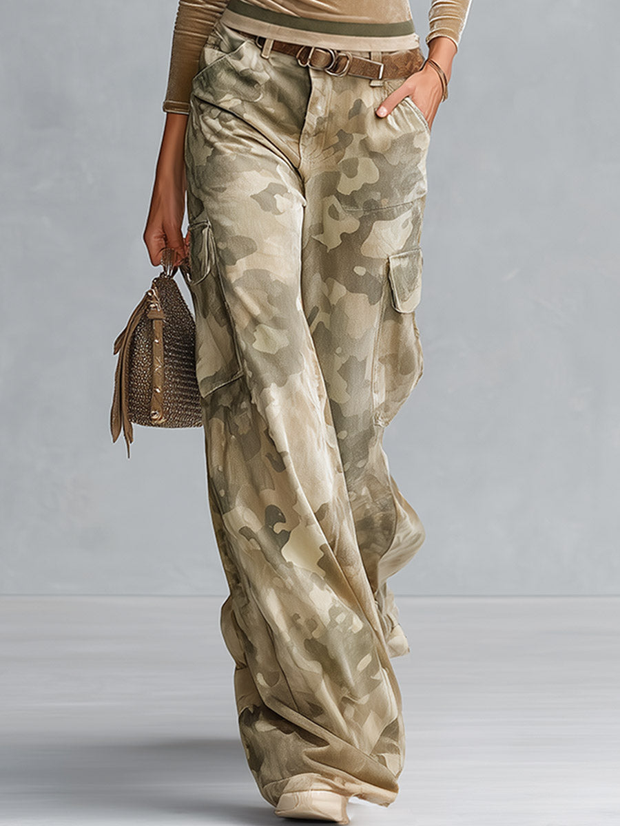 Retro Casual Khaki Top And Camouflage Cargo Pants Velour Set  - By Qivii