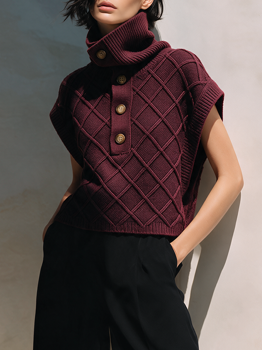 Women's High-Neck Argyle Cable-Knit Sleeveless Vest